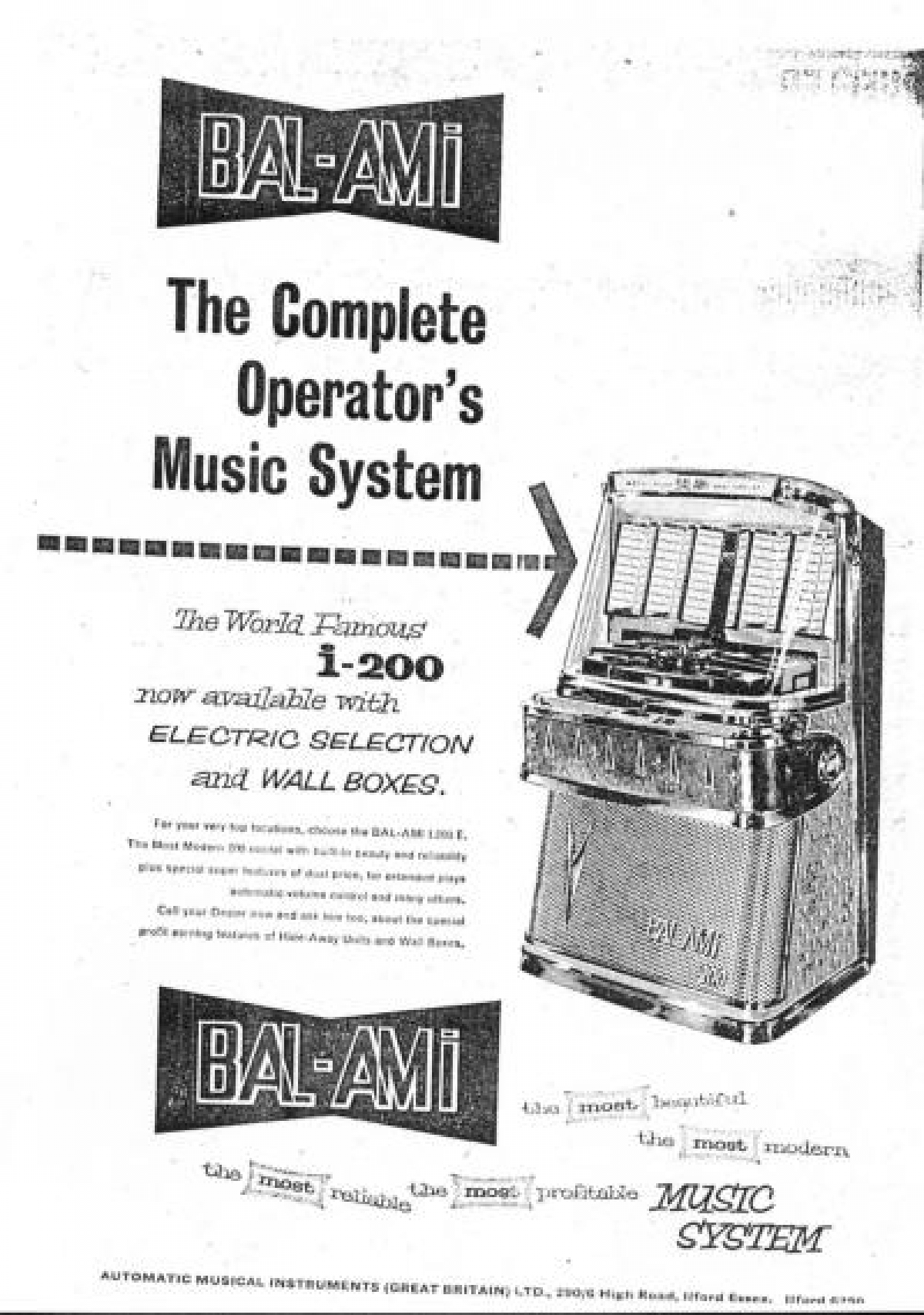 This ad introduces the BAL-AMi electric select version of the I200, of which only one or two still exist today. Not many were sold, the operators probably liking the simplicity of the manual version, which lead to much higher reliability. 