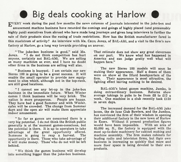 An article marking the opening of the BAL-AMi Harlow factory. 